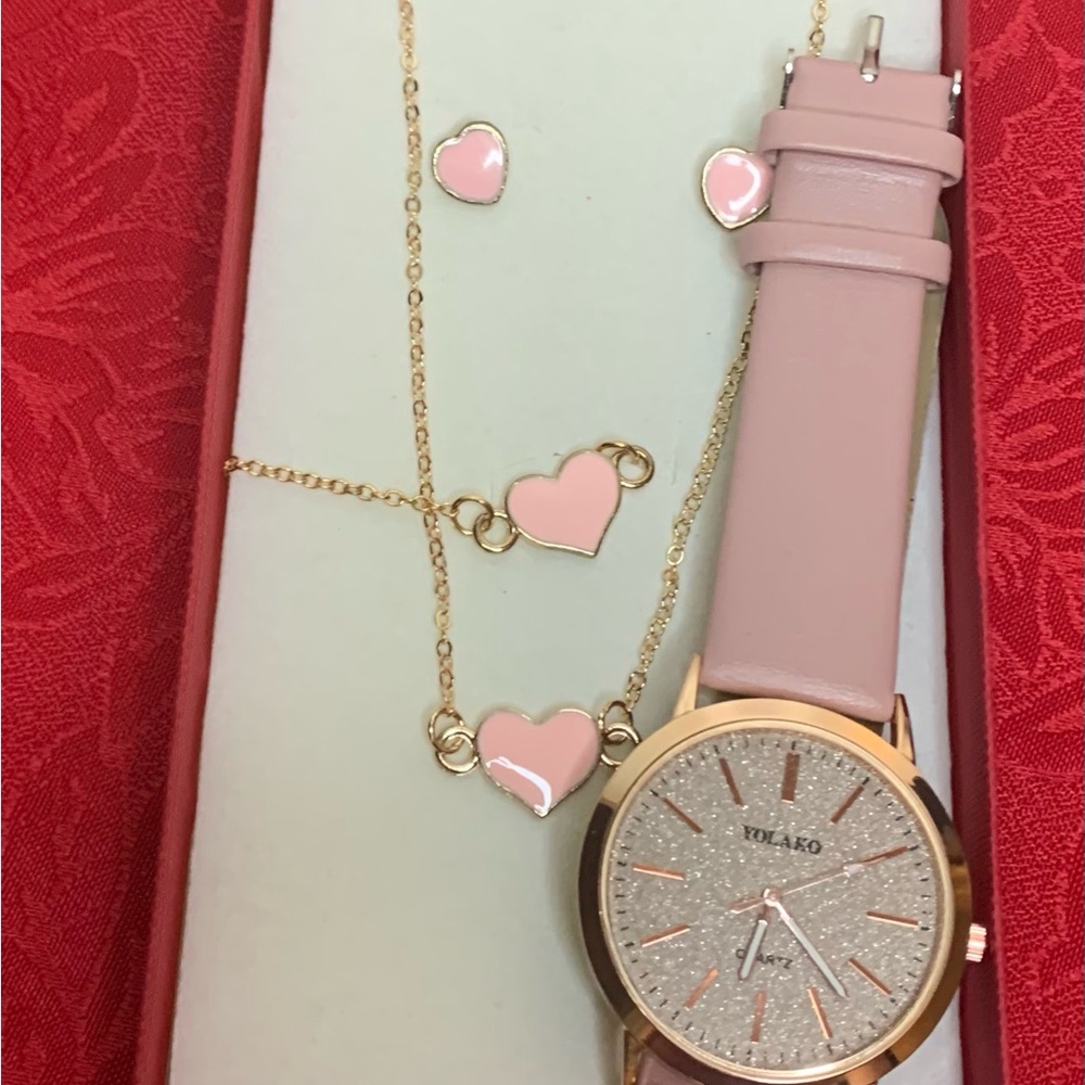 Pink and Gold  fashion Women's Watch and Necklace Set